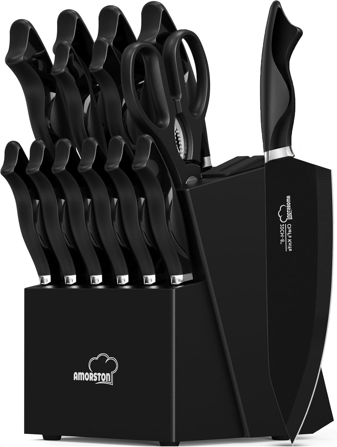 Knife Set, 5 Pieces Kitchen Knife Set with Built in Sharpener, German High Carbon Stainless Steel Knife Block Set, Dishwasher Safe, Black