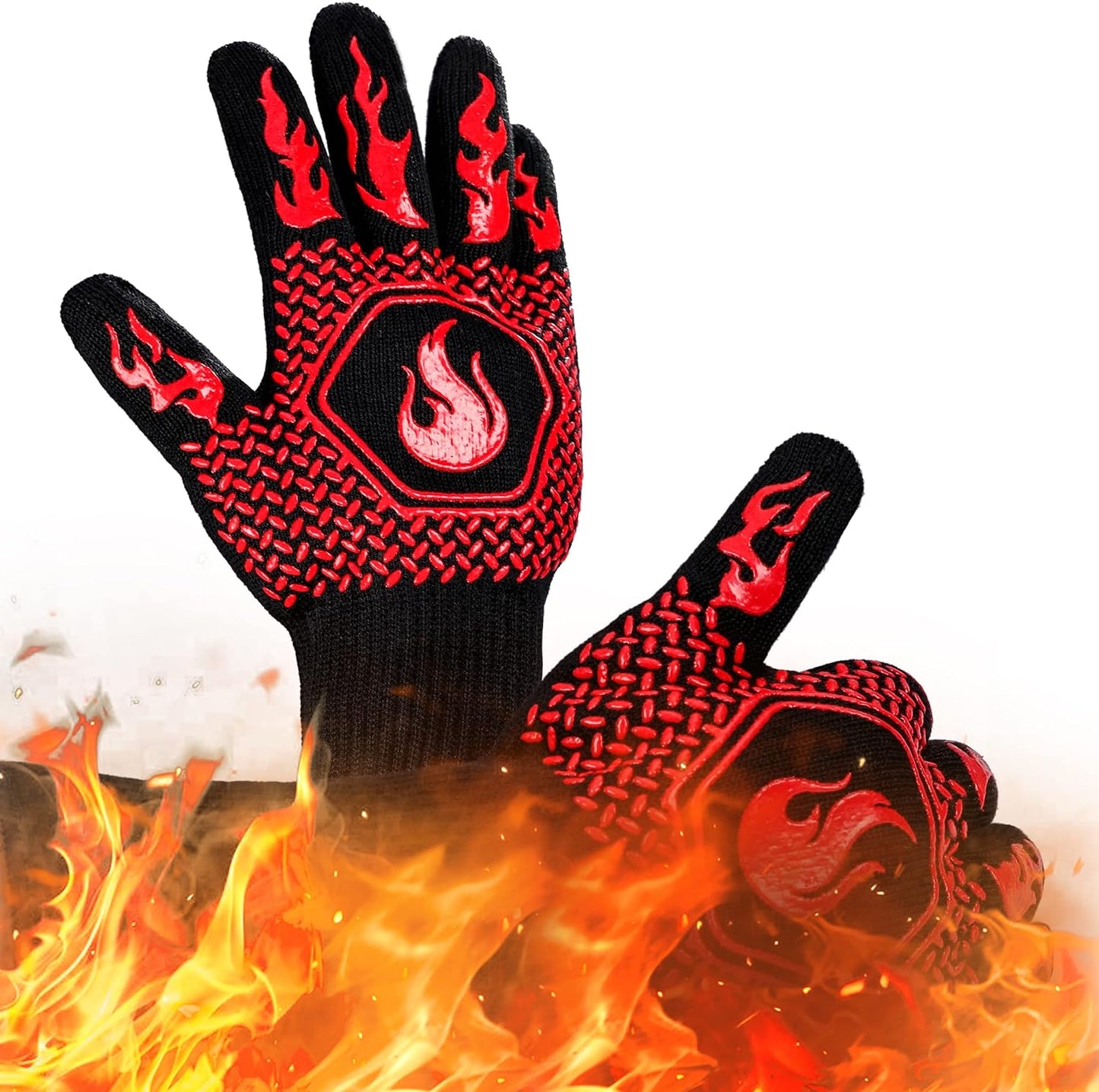 BBQ Fireproof Gloves, Grill Cut-Resistant Gloves 1472°F Heat Resistant Gloves, Non-Slip Silicone Oven Gloves, Kitchen Safe Cooking Gloves for Oven Mitts,Barbecue,Cooking, Frying,13.5 Inch-Red