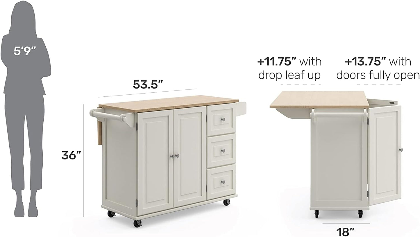 Mobile Kitchen Island Cart with Wood Drop Leaf Breakfast Bar, off White,Soft White, 54 Inch Width