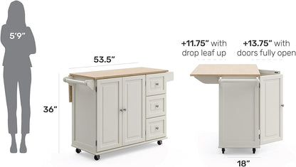 Mobile Kitchen Island Cart with Wood Drop Leaf Breakfast Bar, off White,Soft White, 54 Inch Width