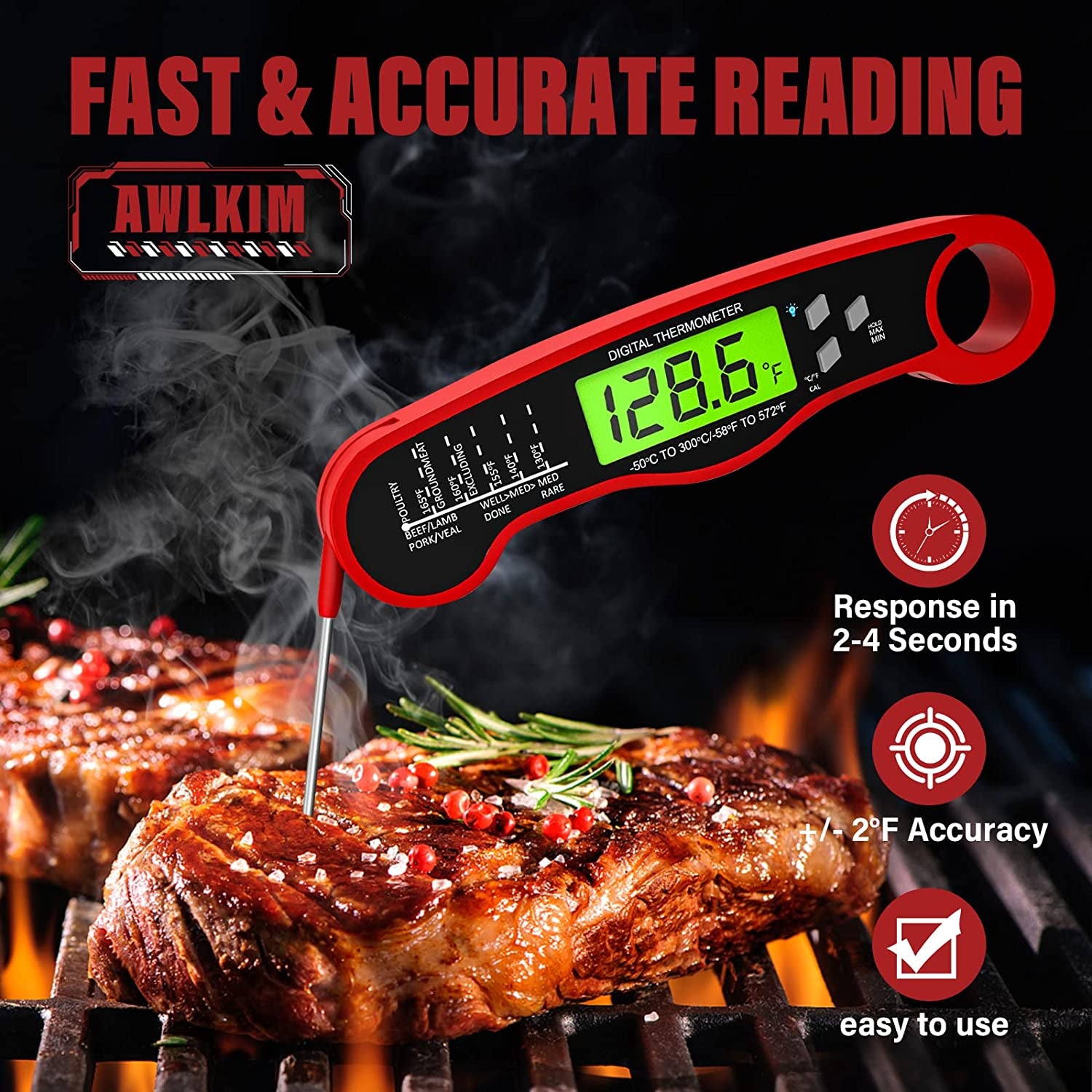 Meat Thermometer Digital - Fast Instant Read Food Thermometer for Cooking, Candy Making, outside Grill, Waterproof Kitchen Thermometer with Backlight & Hold Function - Red