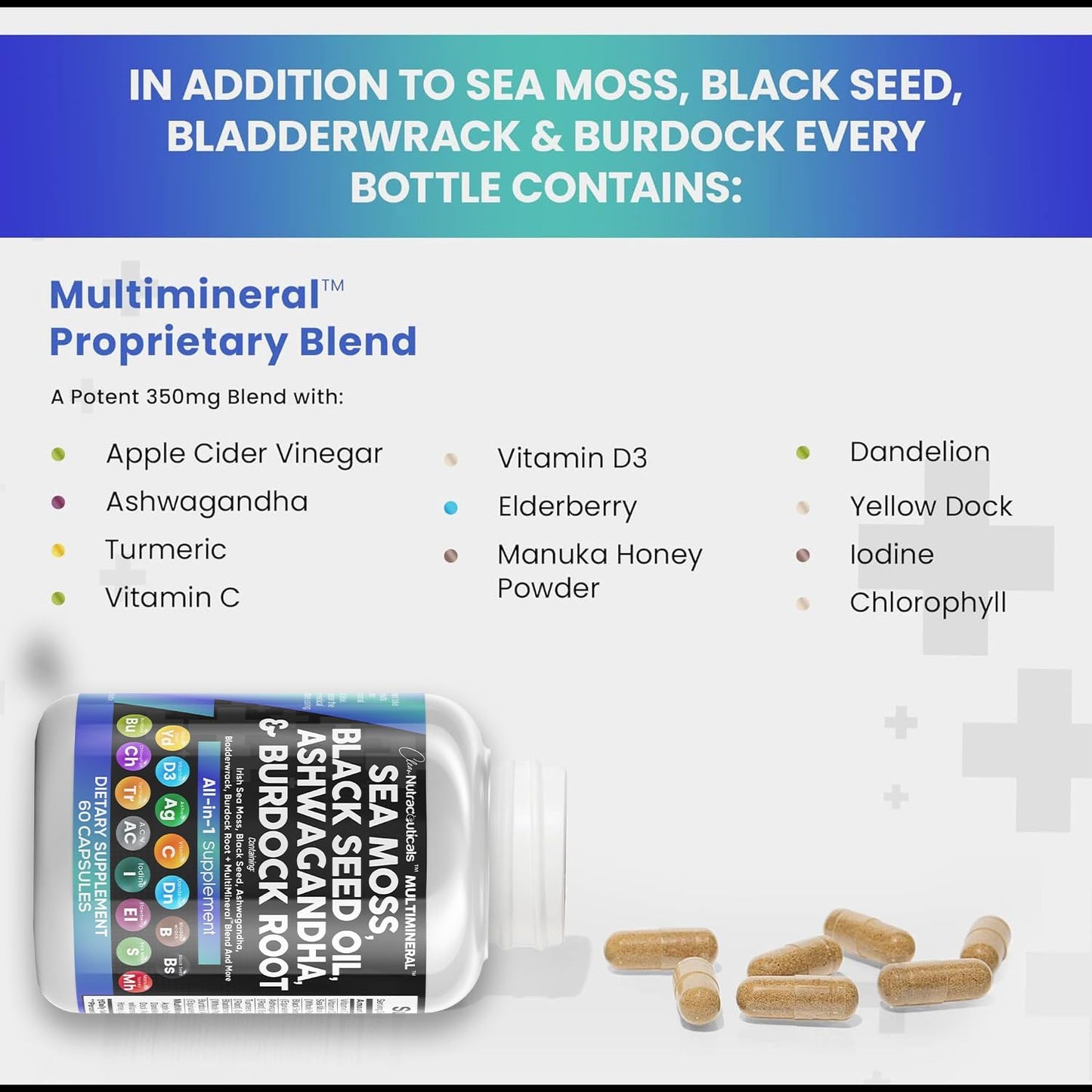 Sea Moss 3000Mg Black Seed Oil 2000Mg Ashwagandha 1000Mg Turmeric 1000Mg Bladderwrack 1000Mg Burdock 1000Mg & Vitamin C & D3 with Elderberry Manuka Dandelion Yellow Dock Iodine Chlorophyll ACV