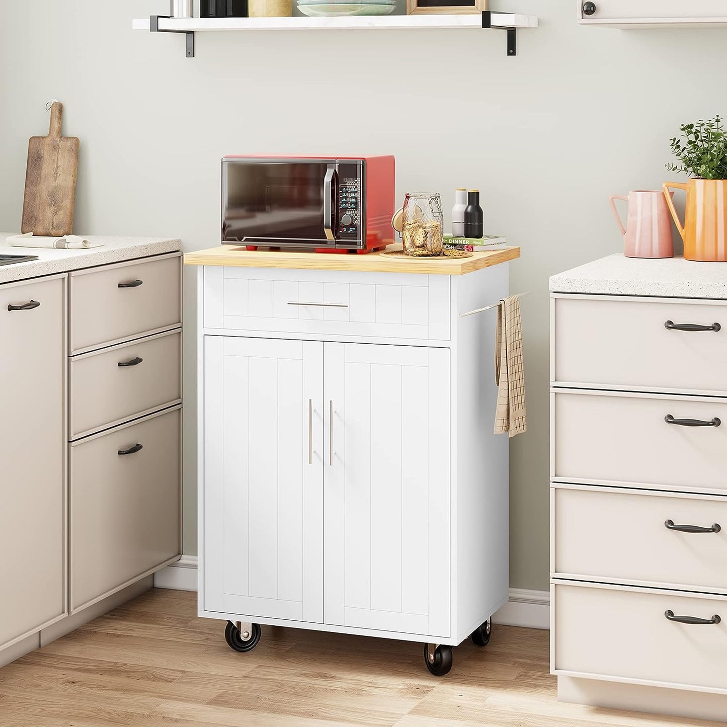 Kitchen Island Cart with Storage,Rolling Side Table on Wheels with Large Worktop, Cabinet,Towel Rack and Drawers for Kitchen,Dinning Room, White