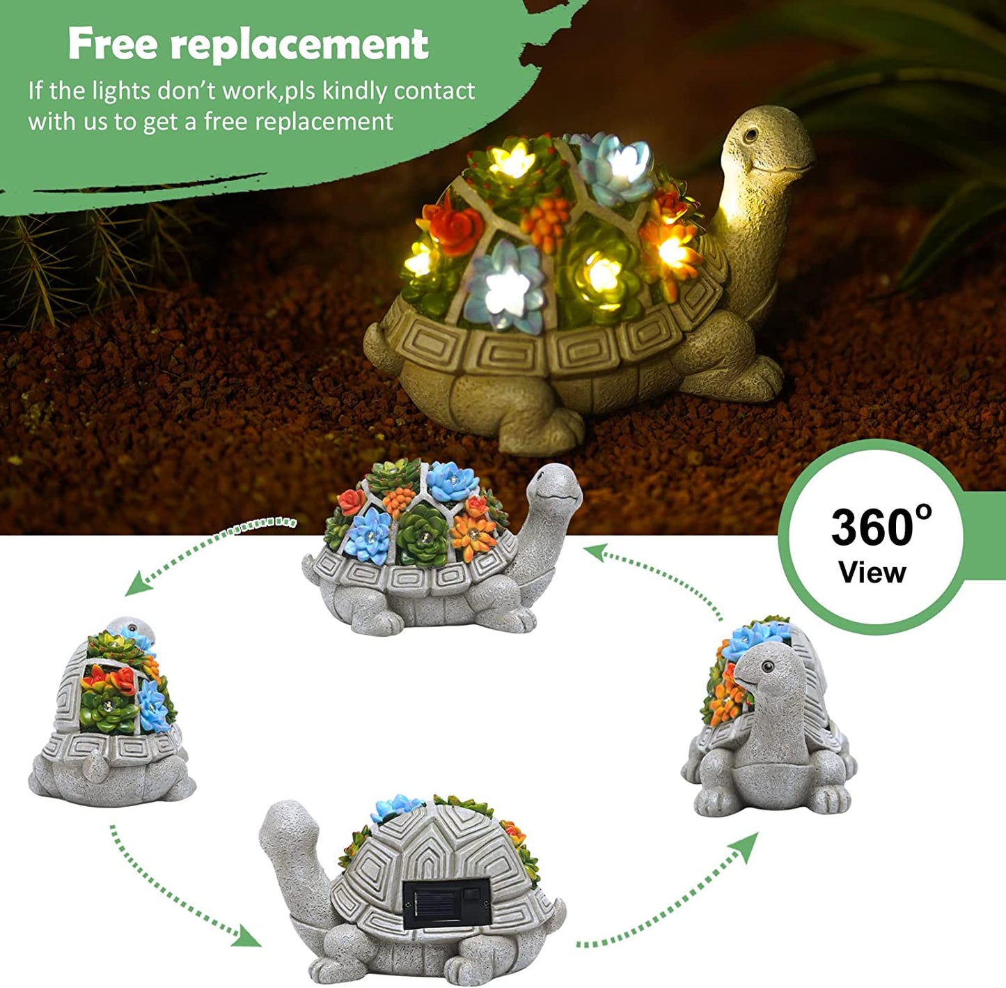 Solar Garden Outdoor Statues Turtle with Succulent and 7 LED Lights - Lawn Decor Tortoise Statue for Patio, Balcony, Yard Ornament - Unique Housewarming Gifts