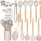 Kitchen Cooking Utensils Set, 33 Pcs Non-Stick Silicone Cooking Kitchen Utensils Spatula Set with Holder, Wooden Handle Silicone Kitchen Gadgets Utensil Set (Khaki)