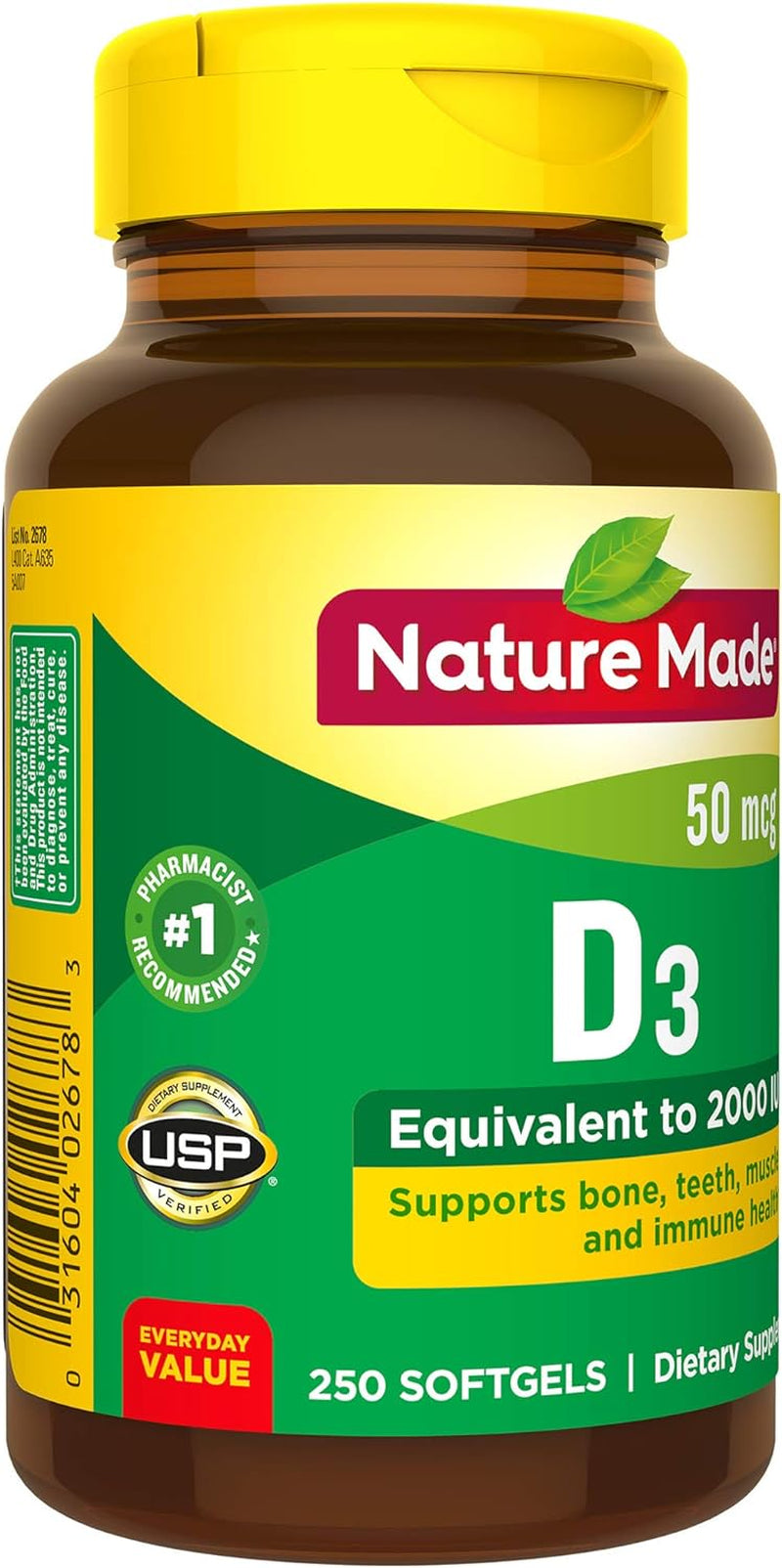 Vitamin D3 2000 IU (50 Mcg), Dietary Supplement for Bone, Teeth, Muscle and Immune Health Support, 250 Softgels, 250 Day Supply