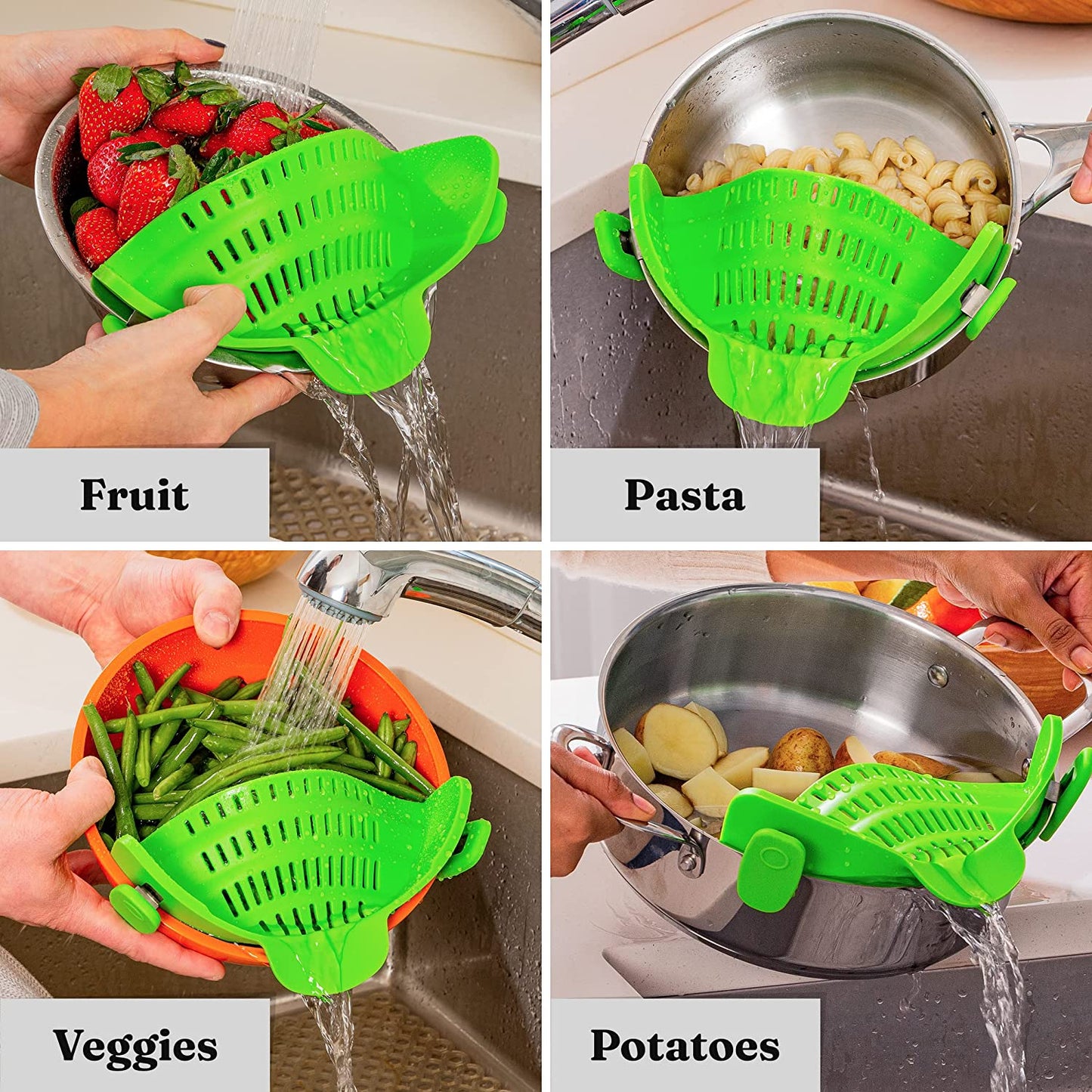 Gizmo Snap N Strain Pot & Pasta Strainer - Adjustable Silicone Clip on Strainer for Pots, Pans, & Bowls- Kitchen Gadgets, Noodle, Food, Gifts for Women, Green