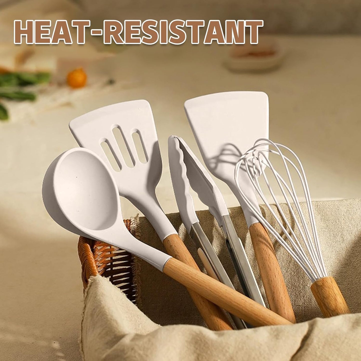 Kitchen Cooking Utensils Set, 33 Pcs Non-Stick Silicone Cooking Kitchen Utensils Spatula Set with Holder, Wooden Handle Silicone Kitchen Gadgets Utensil Set (Khaki)