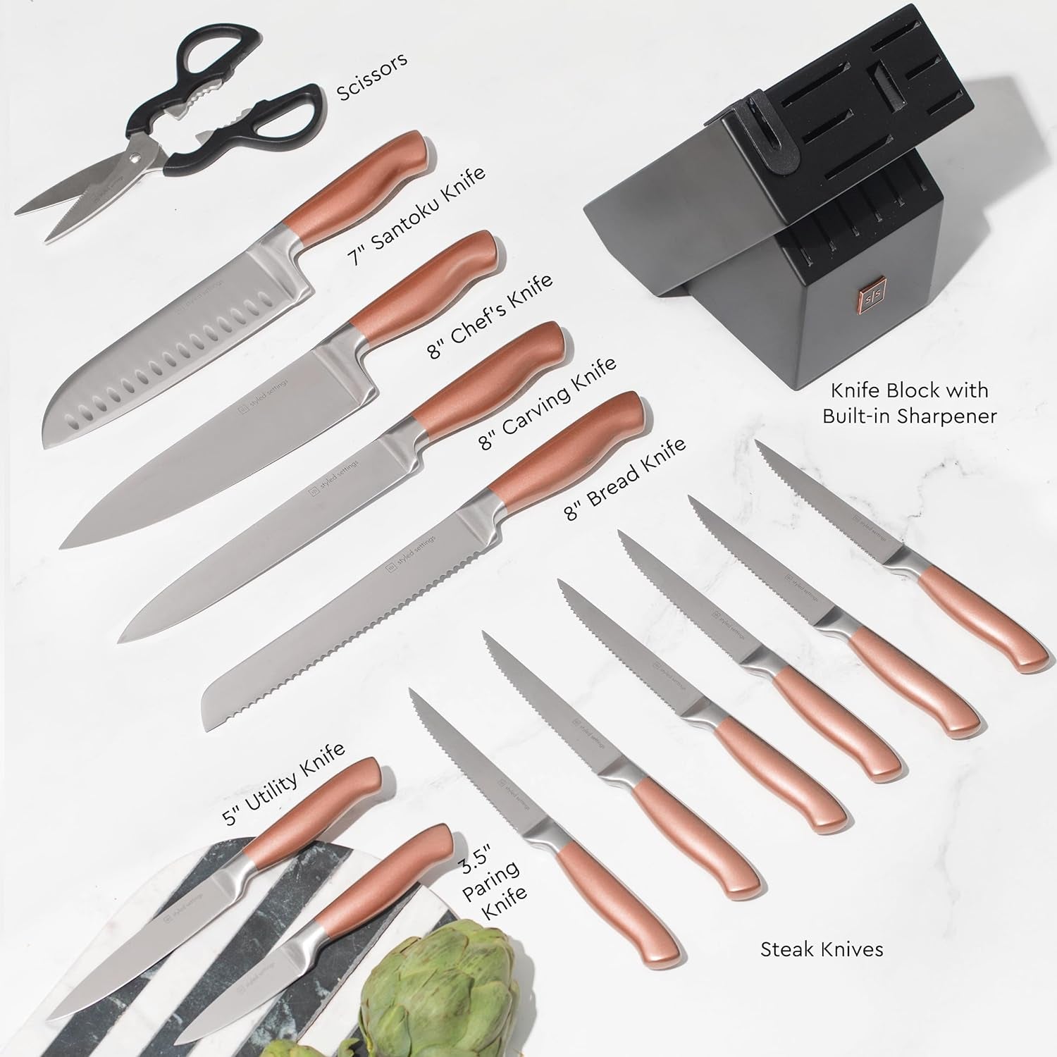 Copper Knife Set with Block - 14 PC Self Sharpening Knife Block Set - Rose Gold Knife Set & Black Knife Block with Sharpener - Copper Kitchen Accessories and Decor