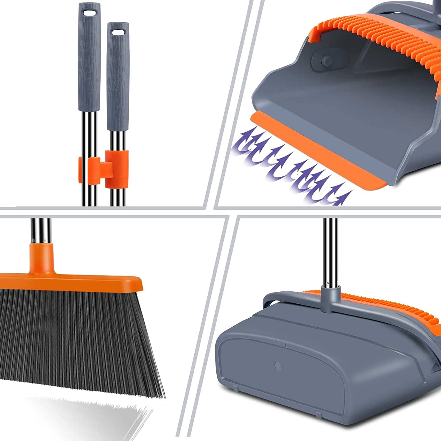 Upgrade Broom and Dustpan Set, Self-Cleaning with Dustpan Teeth, Indoor&Outdoor Sweeping, Ideal for Dog Cat Pets Home Use, Stand up Broom and Dustpan (Gray&Orange)