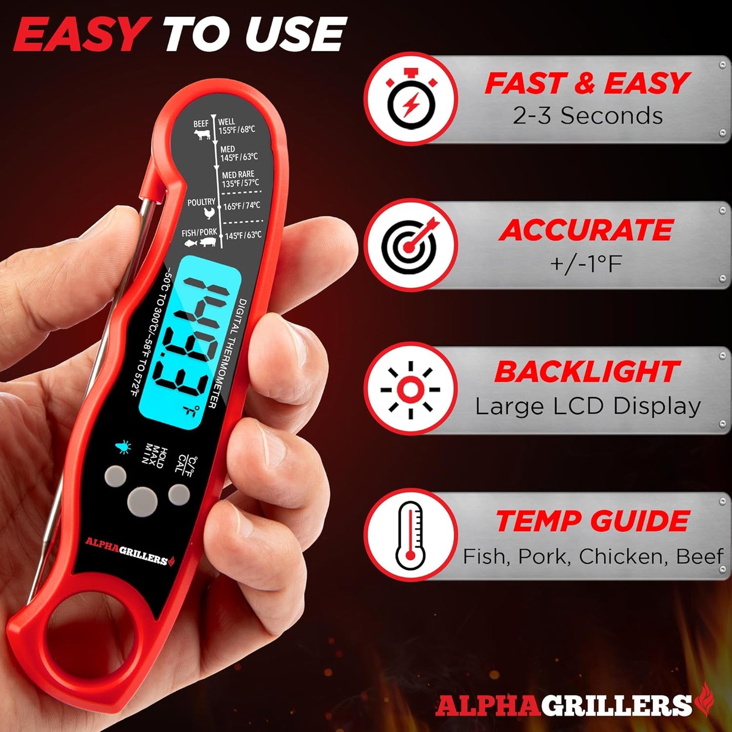 Instant Read Meat Thermometer for Grill and Cooking. Best Waterproof Ultra Fast Thermometer with Backlight & Calibration. Digital Food Probe for Kitchen, Outdoor Grilling and BBQ!