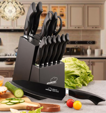 Knife Set, 5 Pieces Kitchen Knife Set with Built in Sharpener, German High Carbon Stainless Steel Knife Block Set, Dishwasher Safe, Black