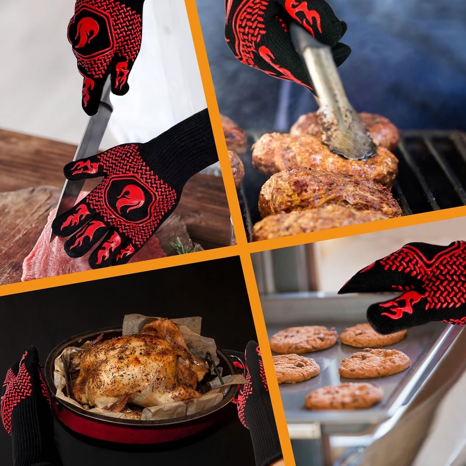 BBQ Fireproof Gloves, Grill Cut-Resistant Gloves 1472°F Heat Resistant Gloves, Non-Slip Silicone Oven Gloves, Kitchen Safe Cooking Gloves for Oven Mitts,Barbecue,Cooking, Frying,13.5 Inch-Red