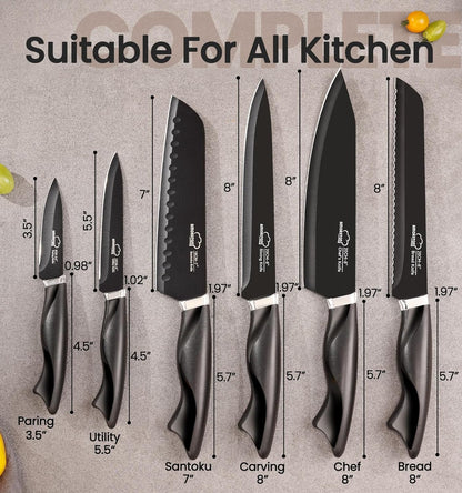 Knife Set, 5 Pieces Kitchen Knife Set with Built in Sharpener, German High Carbon Stainless Steel Knife Block Set, Dishwasher Safe, Black