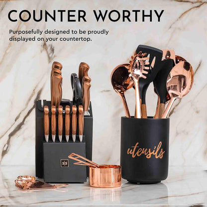 Copper Knife Set with Block - 14 PC Self Sharpening Knife Block Set - Rose Gold Knife Set & Black Knife Block with Sharpener - Copper Kitchen Accessories and Decor