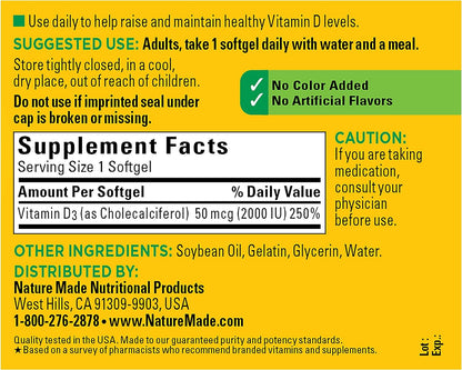 Vitamin D3 2000 IU (50 Mcg), Dietary Supplement for Bone, Teeth, Muscle and Immune Health Support, 250 Softgels, 250 Day Supply