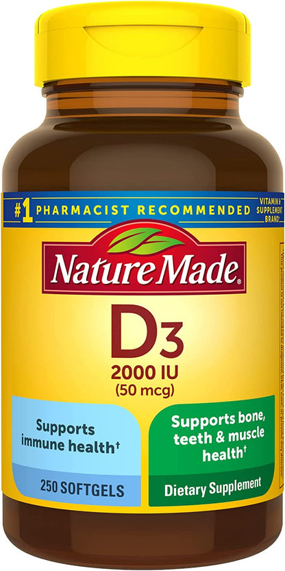 Vitamin D3 2000 IU (50 Mcg), Dietary Supplement for Bone, Teeth, Muscle and Immune Health Support, 250 Softgels, 250 Day Supply