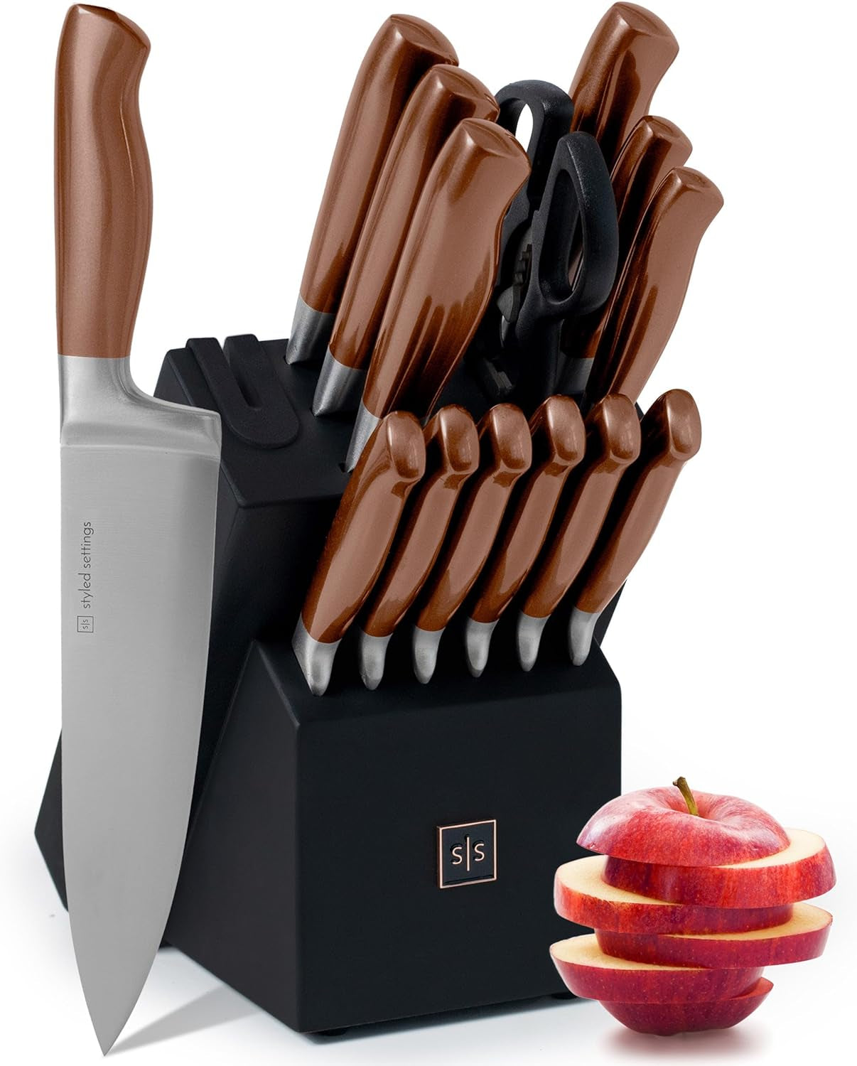 Copper Knife Set with Block - 14 PC Self Sharpening Knife Block Set - Rose Gold Knife Set & Black Knife Block with Sharpener - Copper Kitchen Accessories and Decor