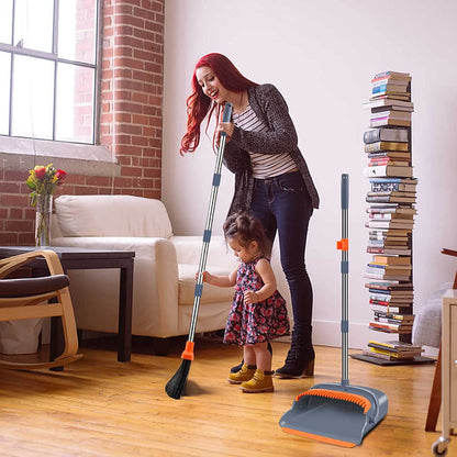 Upgrade Broom and Dustpan Set, Self-Cleaning with Dustpan Teeth, Indoor&Outdoor Sweeping, Ideal for Dog Cat Pets Home Use, Stand up Broom and Dustpan (Gray&Orange)