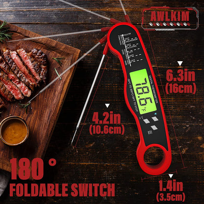 Meat Thermometer Digital - Fast Instant Read Food Thermometer for Cooking, Candy Making, outside Grill, Waterproof Kitchen Thermometer with Backlight & Hold Function - Red