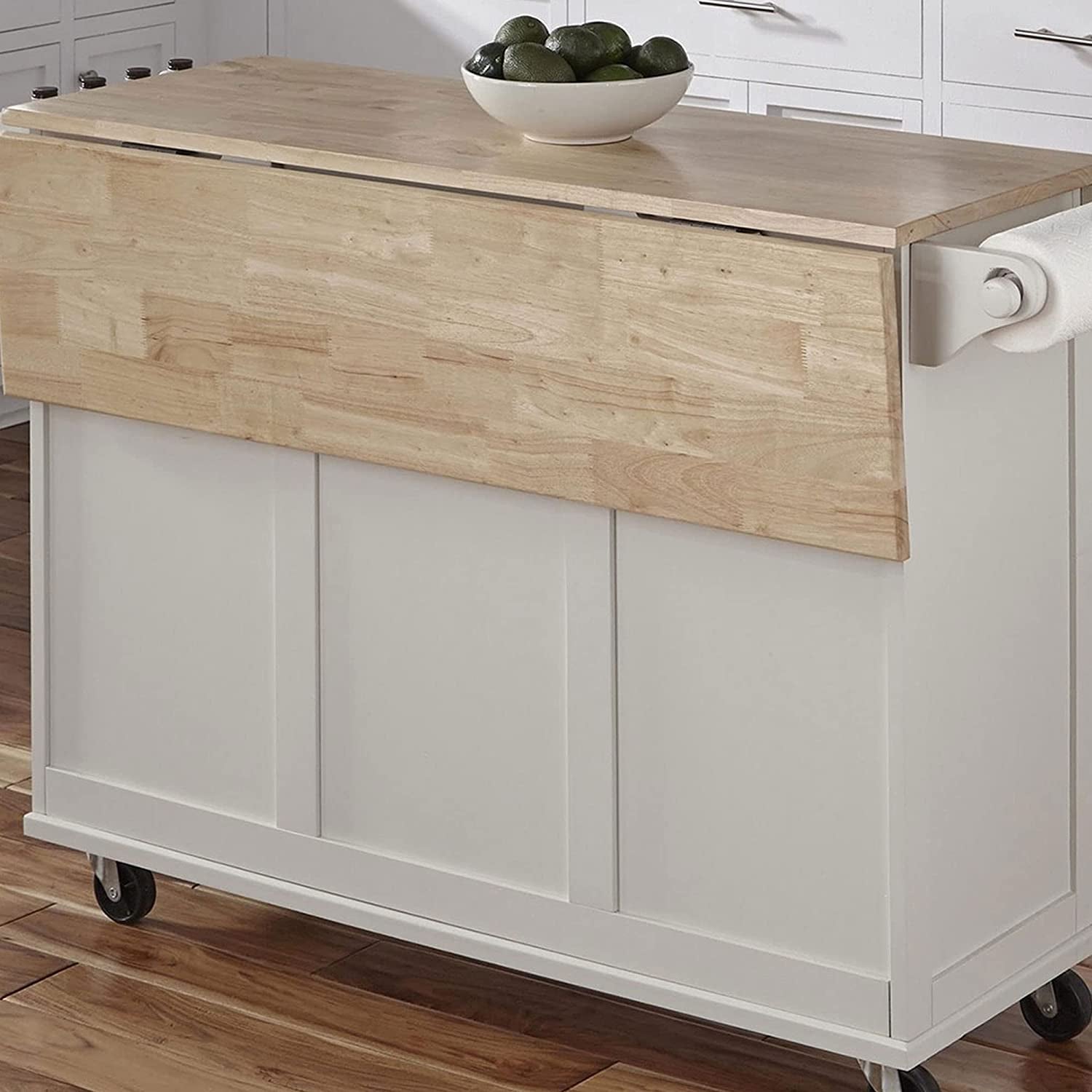 Mobile Kitchen Island Cart with Wood Drop Leaf Breakfast Bar, off White,Soft White, 54 Inch Width