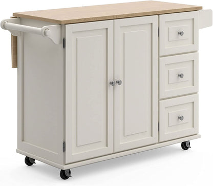 Mobile Kitchen Island Cart with Wood Drop Leaf Breakfast Bar, off White,Soft White, 54 Inch Width