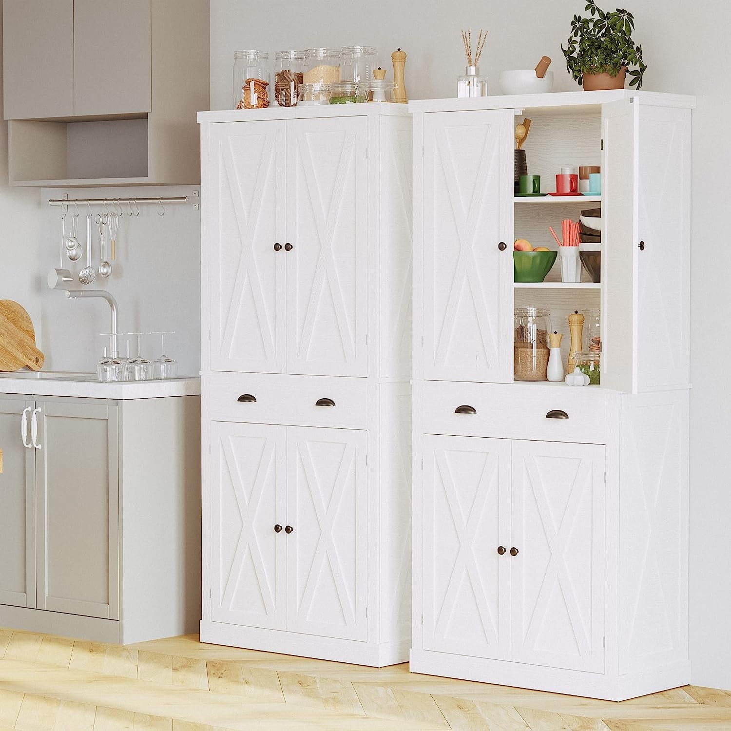 Kitchen Pantry Storage Cabinet 72" Height, with Barn Doors, Drawer, 4 Adjustable Shelves, Freestanding Cupboard for Dining Room Living Room, Laundry, White