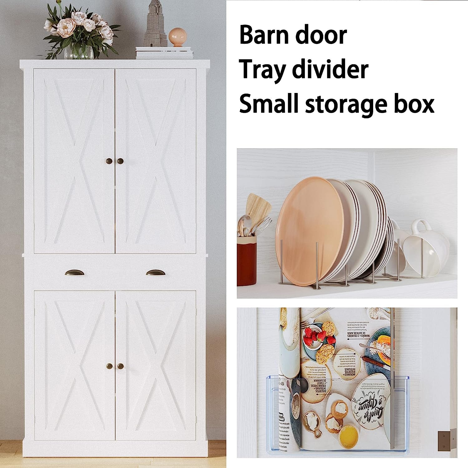 Kitchen Pantry Storage Cabinet 72" Height, with Barn Doors, Drawer, 4 Adjustable Shelves, Freestanding Cupboard for Dining Room Living Room, Laundry, White