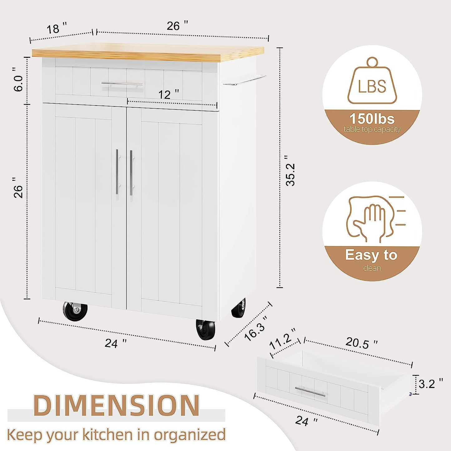 Kitchen Island Cart with Storage,Rolling Side Table on Wheels with Large Worktop, Cabinet,Towel Rack and Drawers for Kitchen,Dinning Room, White