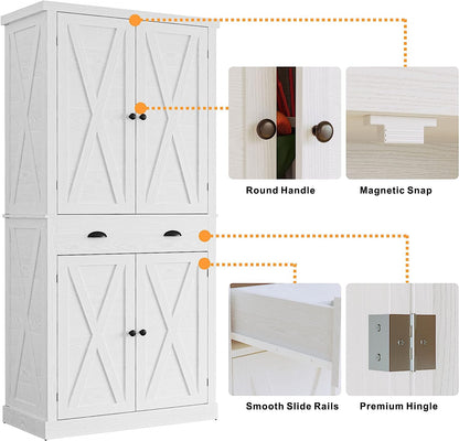 Kitchen Pantry Storage Cabinet 72" Height, with Barn Doors, Drawer, 4 Adjustable Shelves, Freestanding Cupboard for Dining Room Living Room, Laundry, White