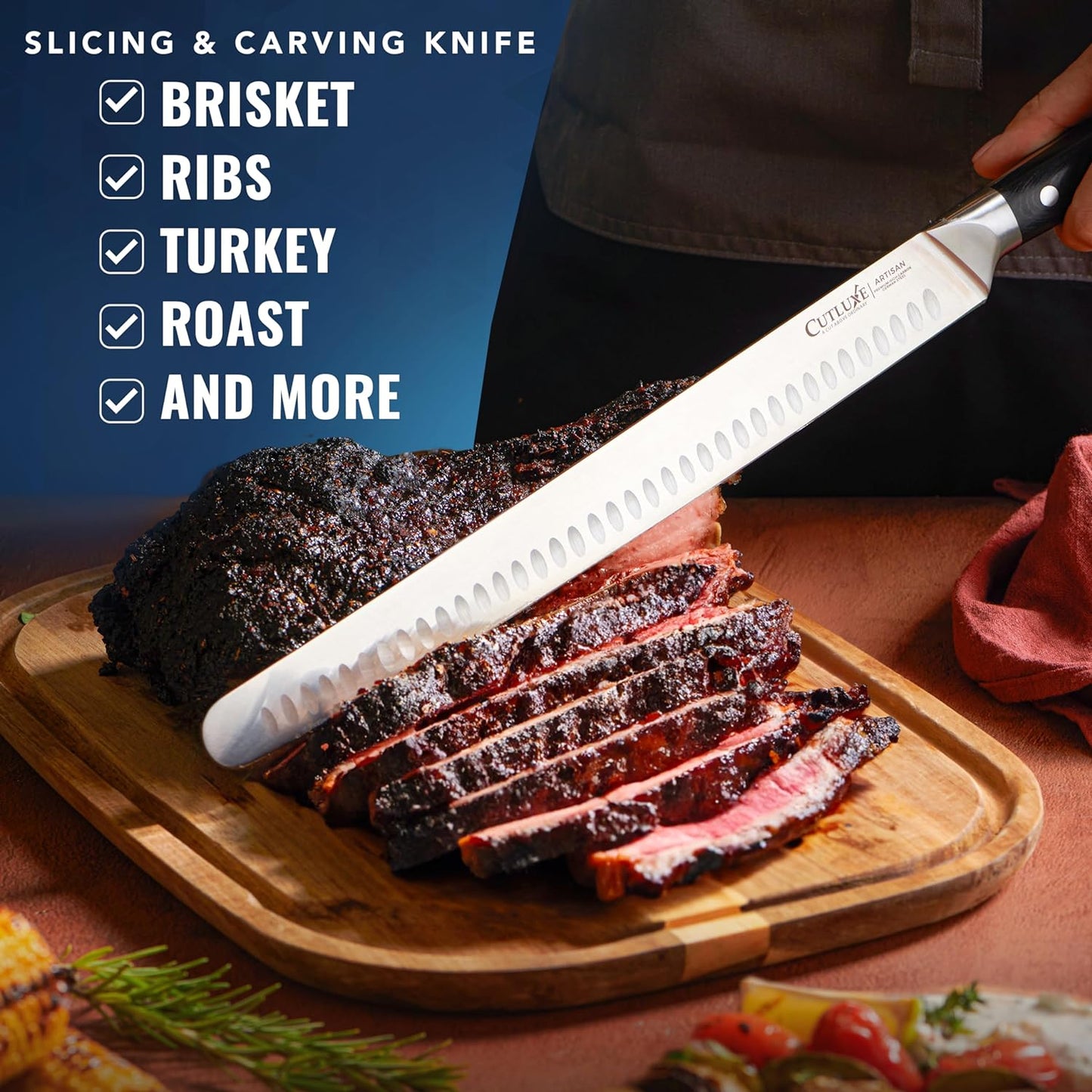 Slicing Carving Knife – 12" Brisket Knife, Meat Cutting and BBQ Knife – Razor Sharp German Steel, Sheath Included, Full Tang, Ergonomic Handle Design – Artisan Series