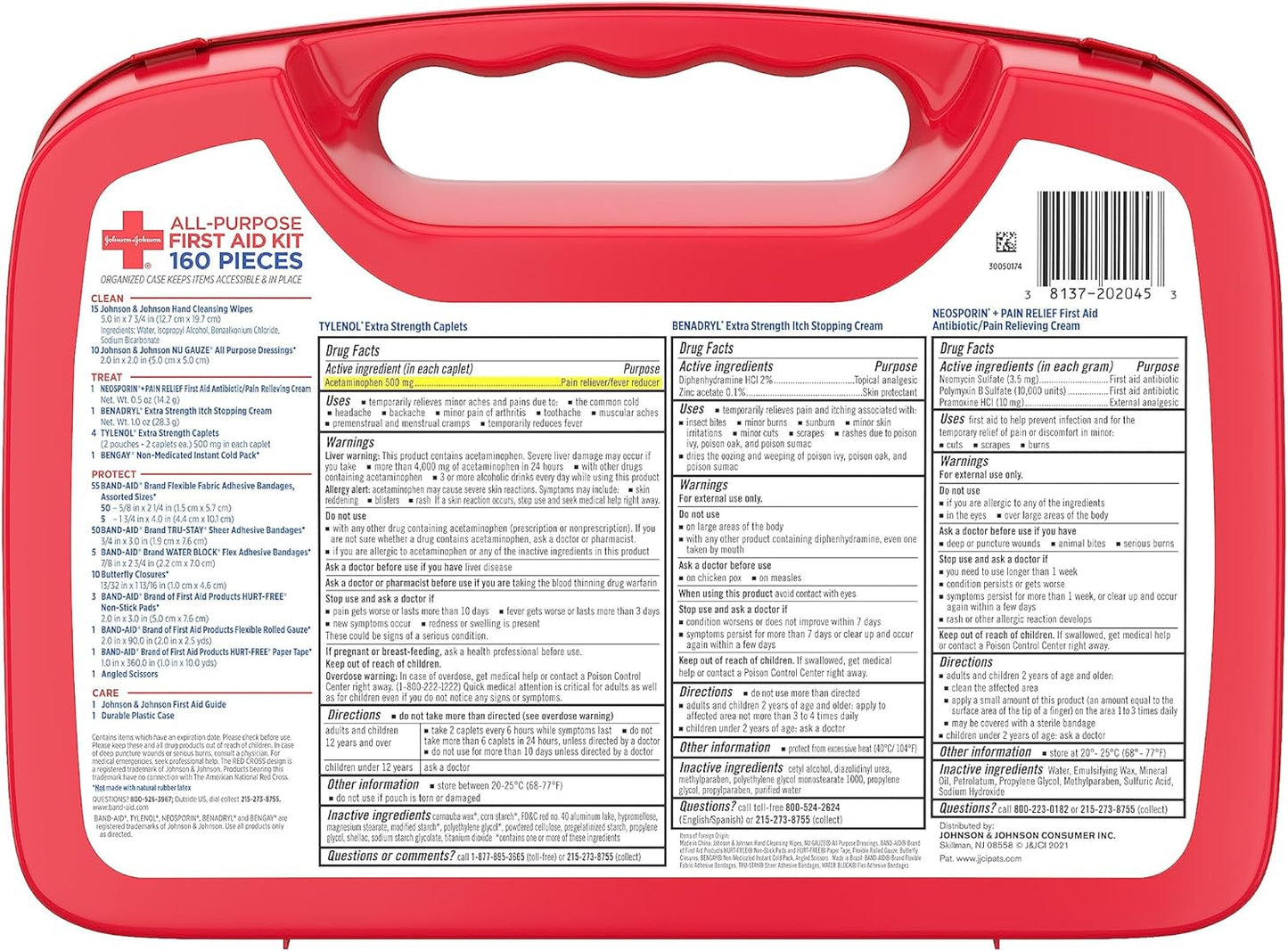 Johnson & Johnson All-Purpose Portable Compact First Aid Kit for Minor Cuts, Scrapes, Sprains & Burns, Ideal for Home, Car, Travel, Camping and Outdoor Emergencies, 160 Pieces