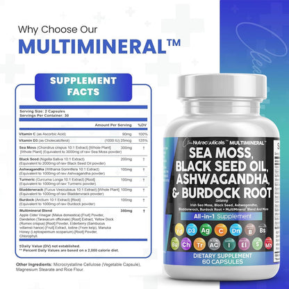 Sea Moss 3000Mg Black Seed Oil 2000Mg Ashwagandha 1000Mg Turmeric 1000Mg Bladderwrack 1000Mg Burdock 1000Mg & Vitamin C & D3 with Elderberry Manuka Dandelion Yellow Dock Iodine Chlorophyll ACV