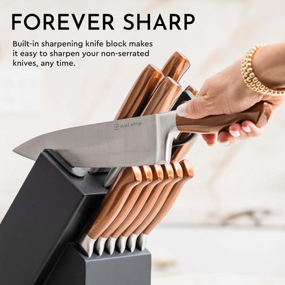 Copper Knife Set with Block - 14 PC Self Sharpening Knife Block Set - Rose Gold Knife Set & Black Knife Block with Sharpener - Copper Kitchen Accessories and Decor