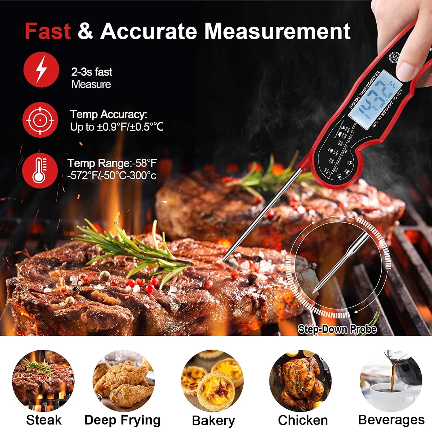 Meat Thermometer Digital for Grilling and Cooking -  Waterproof Ultra-Fast Instant Read Food Thermometers with Backlight & Calibration for Kitchen, Deep Fry, BBQ, Grill(Red/Black), LCD