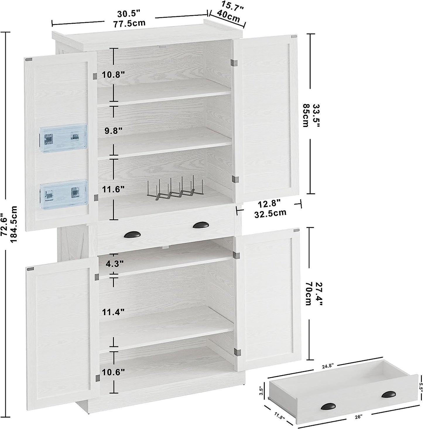 Kitchen Pantry Storage Cabinet 72" Height, with Barn Doors, Drawer, 4 Adjustable Shelves, Freestanding Cupboard for Dining Room Living Room, Laundry, White