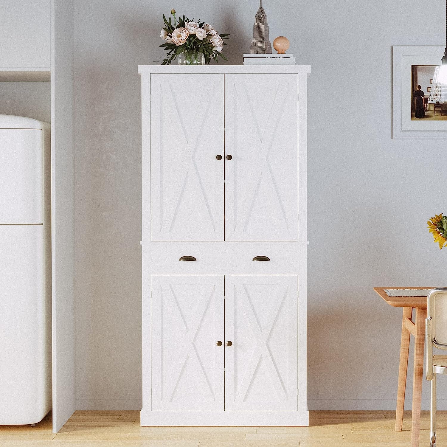 Kitchen Pantry Storage Cabinet 72" Height, with Barn Doors, Drawer, 4 Adjustable Shelves, Freestanding Cupboard for Dining Room Living Room, Laundry, White