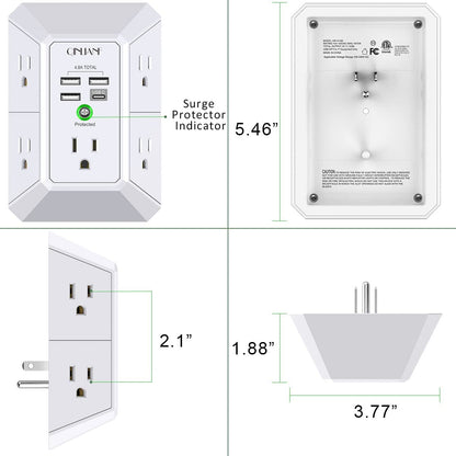 Wall Charger, Surge Protector,  5 Outlet Extender with 4 USB Charging Ports (4.8A Total) 3-Sided 1680J Power Strip Multi Plug Adapter Spaced for Home Travel Office (3U1C)