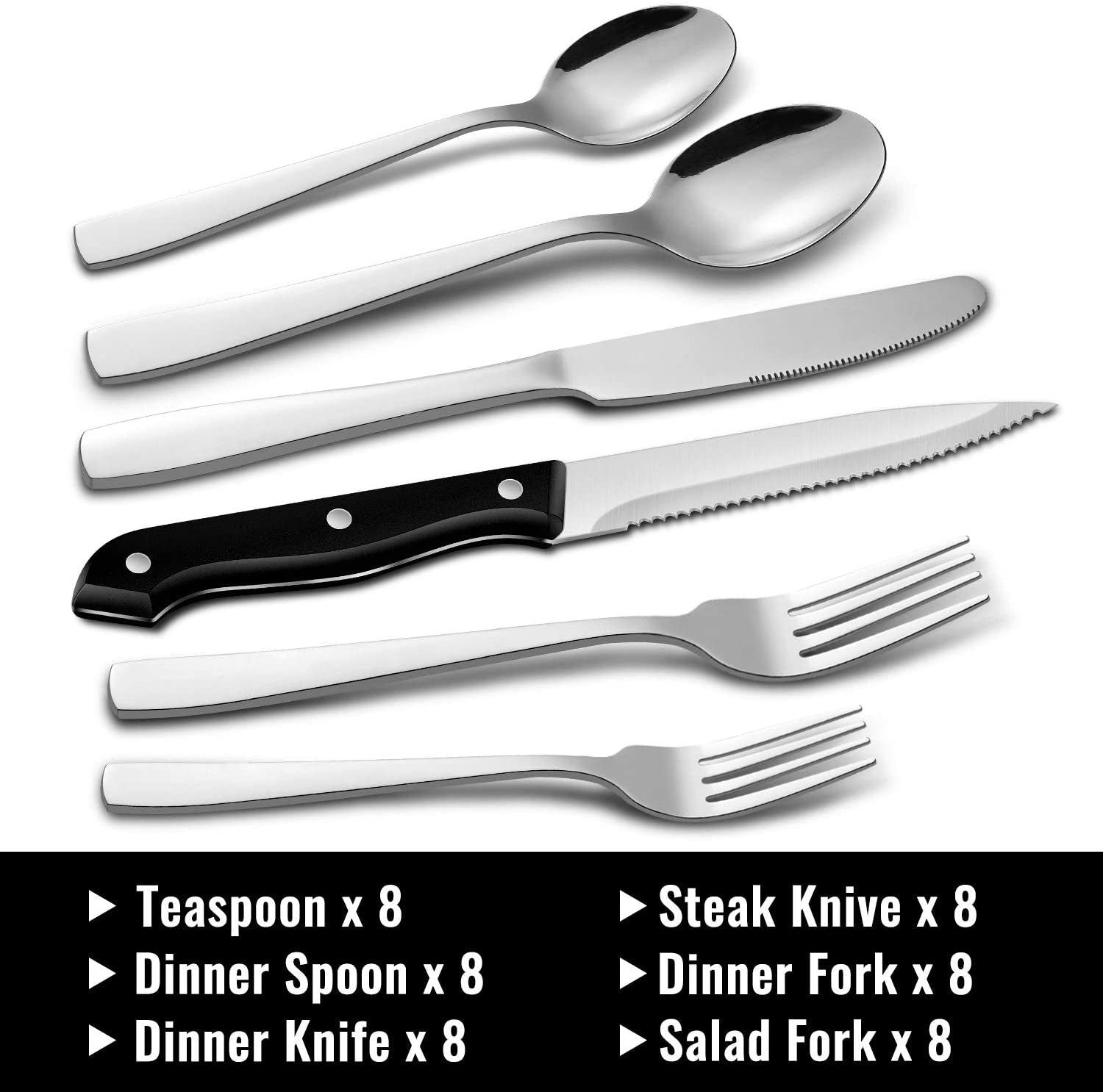 48-Piece Silverware Set with Steak Knives for 8, Stainless Steel Flatware Cutlery Set for Home Kitchen Restaurant Hotel, Kitchen Utensils Set, Mirror Polished, Dishwasher Safe