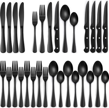 24-Piece Black Silverware Set with Steak Knives, Black Flatware Set for 4, Food-Grade Stainless Steel Tableware Cutlery Set, Mirror Finished Utensil Sets for Home Restaurant