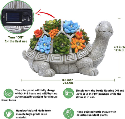 Solar Garden Outdoor Statues Turtle with Succulent and 7 LED Lights - Lawn Decor Tortoise Statue for Patio, Balcony, Yard Ornament - Unique Housewarming Gifts