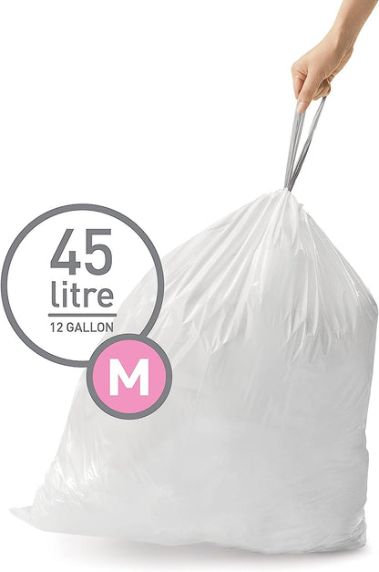 Code M Custom Fit Drawstring Trash Bags in Dispenser Packs, 60 Count, 45 Liter / 11.9 Gallon, White