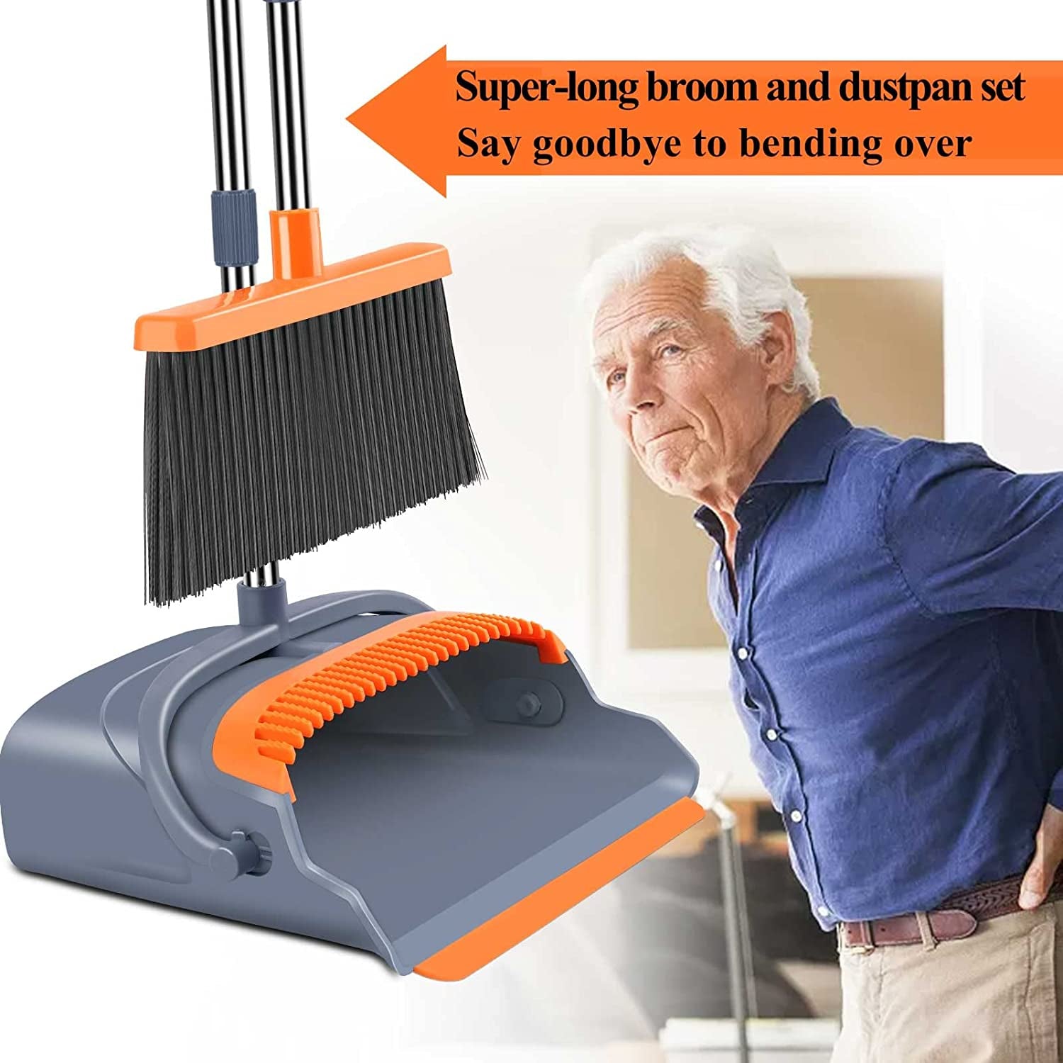 Upgrade Broom and Dustpan Set, Self-Cleaning with Dustpan Teeth, Indoor&Outdoor Sweeping, Ideal for Dog Cat Pets Home Use, Stand up Broom and Dustpan (Gray&Orange)