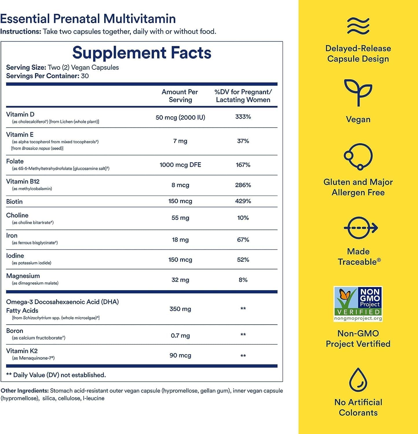 Prenatal Vitamins: Folate & Choline for Neural Tube Support, Omega-3 DHA for Fetal Brain Development, Iron, Calcium-Helper D3 & K2, Non-Gmo, Citrus Essenced, 30 Day Supply, 60 Vegan Capsules