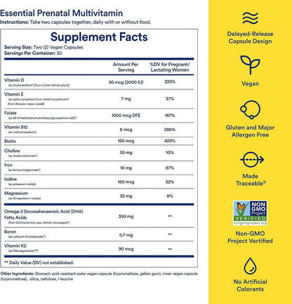 Prenatal Vitamins: Folate & Choline for Neural Tube Support, Omega-3 DHA for Fetal Brain Development, Iron, Calcium-Helper D3 & K2, Non-Gmo, Citrus Essenced, 30 Day Supply, 60 Vegan Capsules