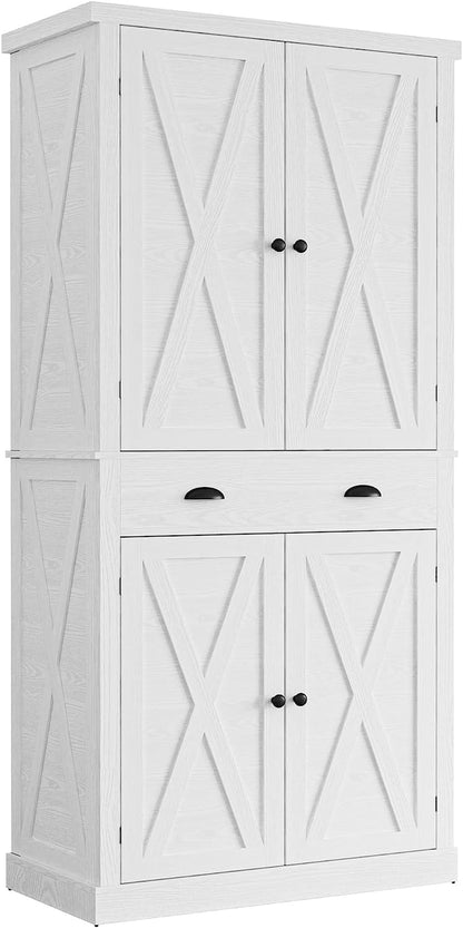 Kitchen Pantry Storage Cabinet 72" Height, with Barn Doors, Drawer, 4 Adjustable Shelves, Freestanding Cupboard for Dining Room Living Room, Laundry, White