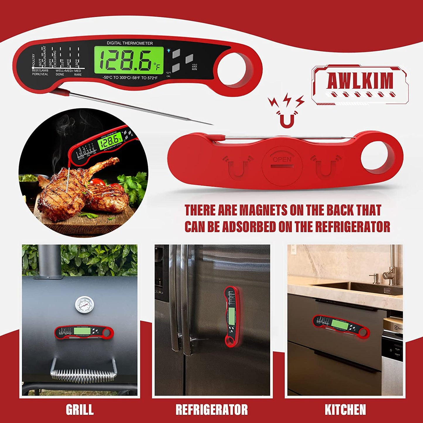 Meat Thermometer Digital - Fast Instant Read Food Thermometer for Cooking, Candy Making, outside Grill, Waterproof Kitchen Thermometer with Backlight & Hold Function - Red