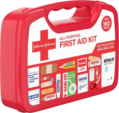 Johnson & Johnson All-Purpose Portable Compact First Aid Kit for Minor Cuts, Scrapes, Sprains & Burns, Ideal for Home, Car, Travel, Camping and Outdoor Emergencies, 160 Pieces