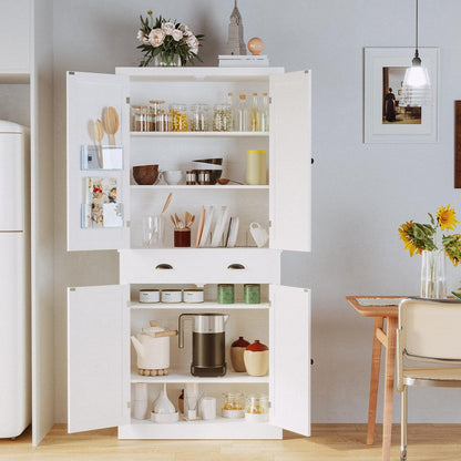 Kitchen Pantry Storage Cabinet 72" Height, with Barn Doors, Drawer, 4 Adjustable Shelves, Freestanding Cupboard for Dining Room Living Room, Laundry, White