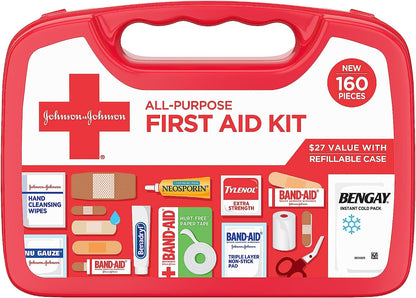 Johnson & Johnson All-Purpose Portable Compact First Aid Kit for Minor Cuts, Scrapes, Sprains & Burns, Ideal for Home, Car, Travel, Camping and Outdoor Emergencies, 160 Pieces